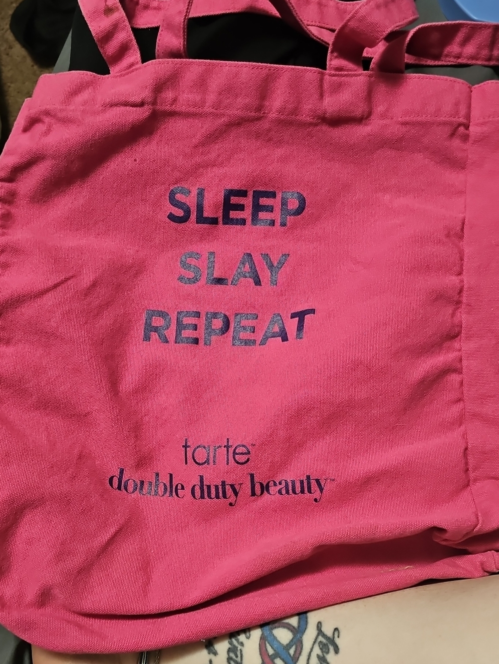tarte Hot Pink Canvas Tote with 'SLEEP SLAY REPEAT' Print